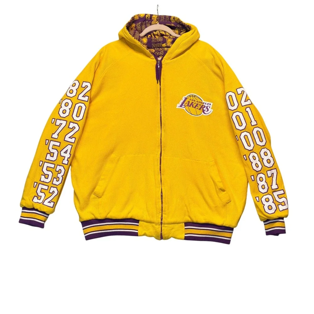 LA Lakers Reversible Jacket Mens 3XL Yellow Purple Waffle Knit Hooded NBA G-III